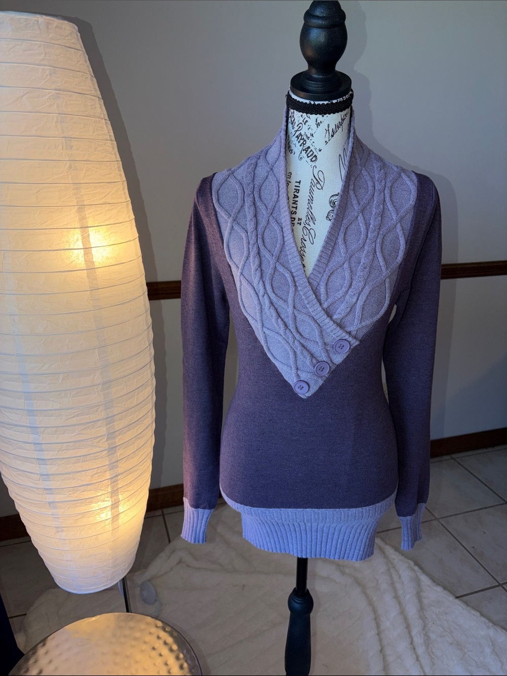 Lavender Cable Shawl Collar Sweater by Amelie Boutik